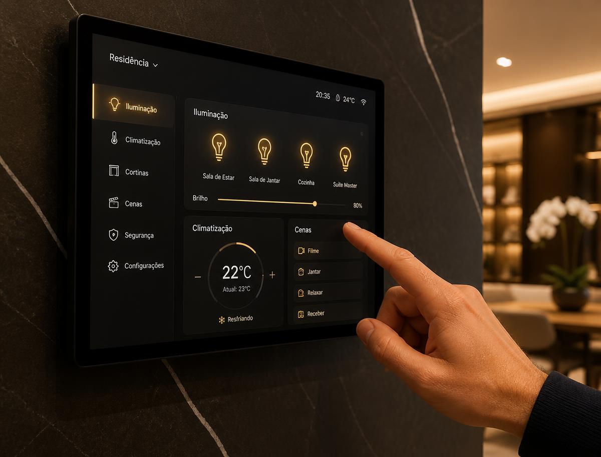 Painel de automação residencial sendo tocado por uma mão