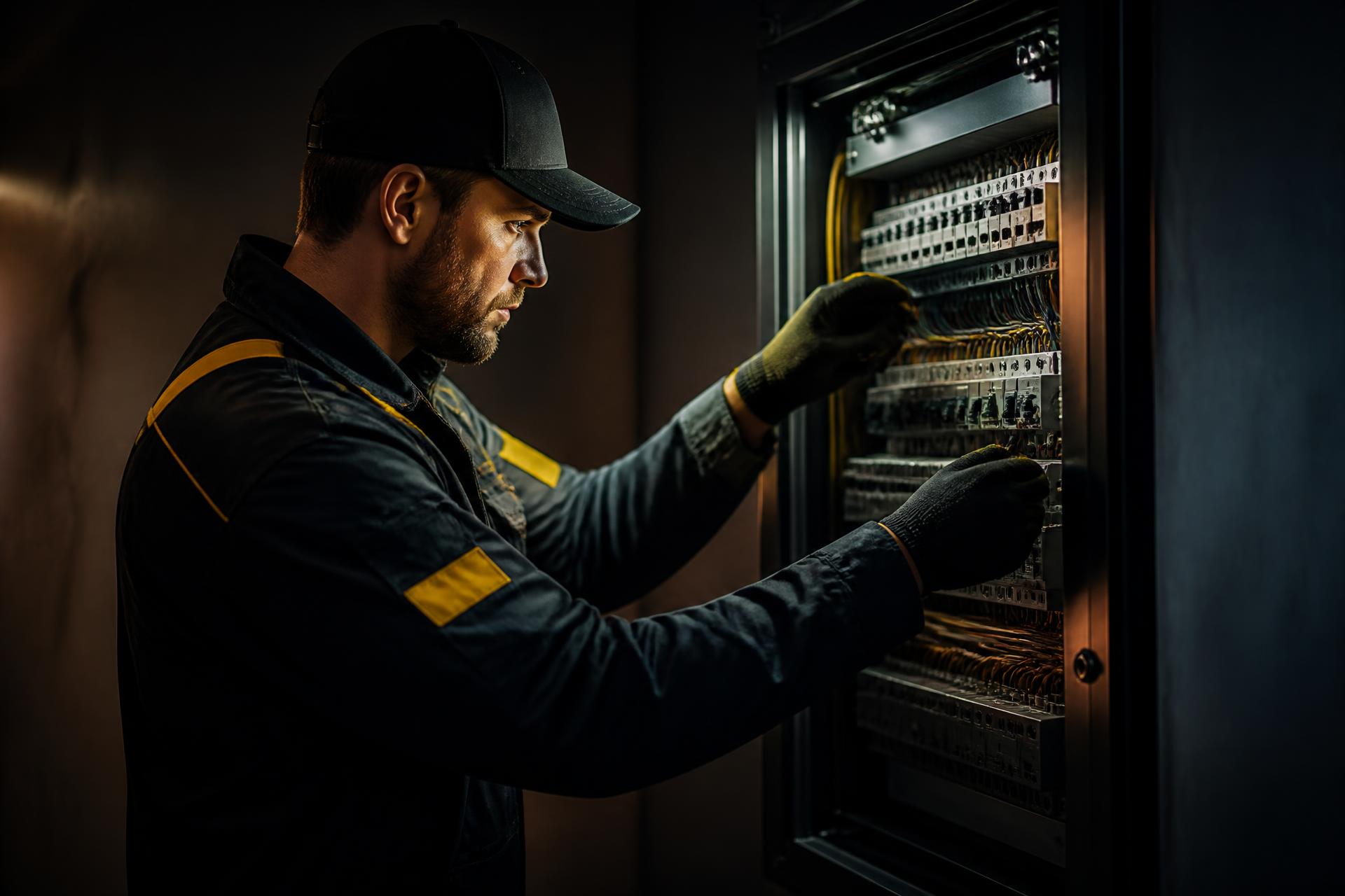 Eletricista da VoltsPro trabalhando em um quadro elétrico residencial